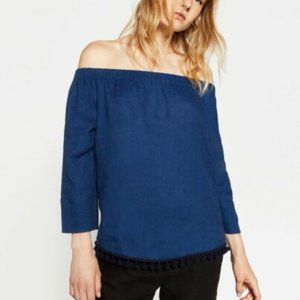 ZARA Off the Shoulder Pom Pom Top, Blue, S